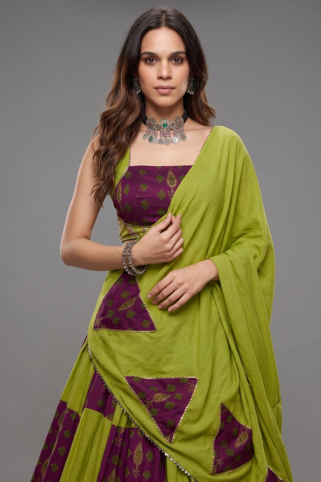Green and Maroon Rayon Printed Chaniya Choli
