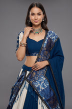 Off White and Blue Rayon Printed Chaniya Choli