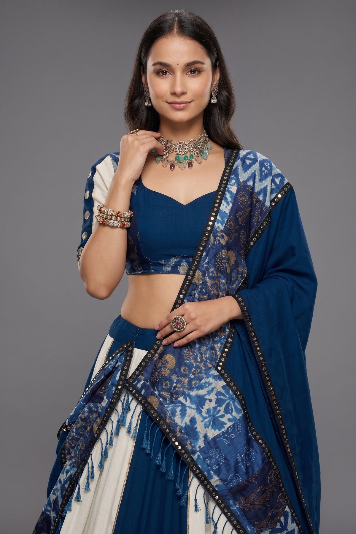 Off White and Blue Rayon Printed Chaniya Choli