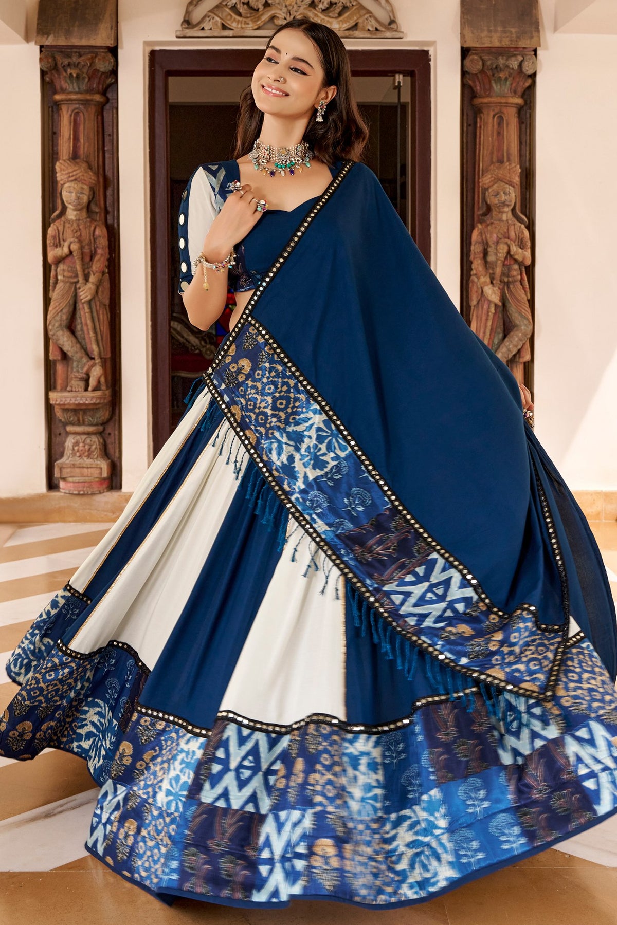 Off White and Blue Rayon Printed Chaniya Choli