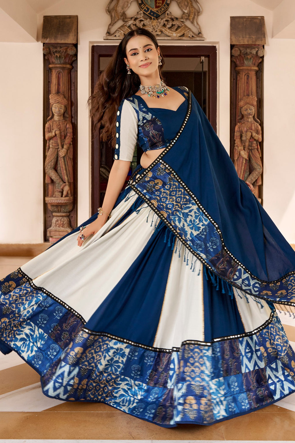 Off White and Blue Rayon Printed Chaniya Choli