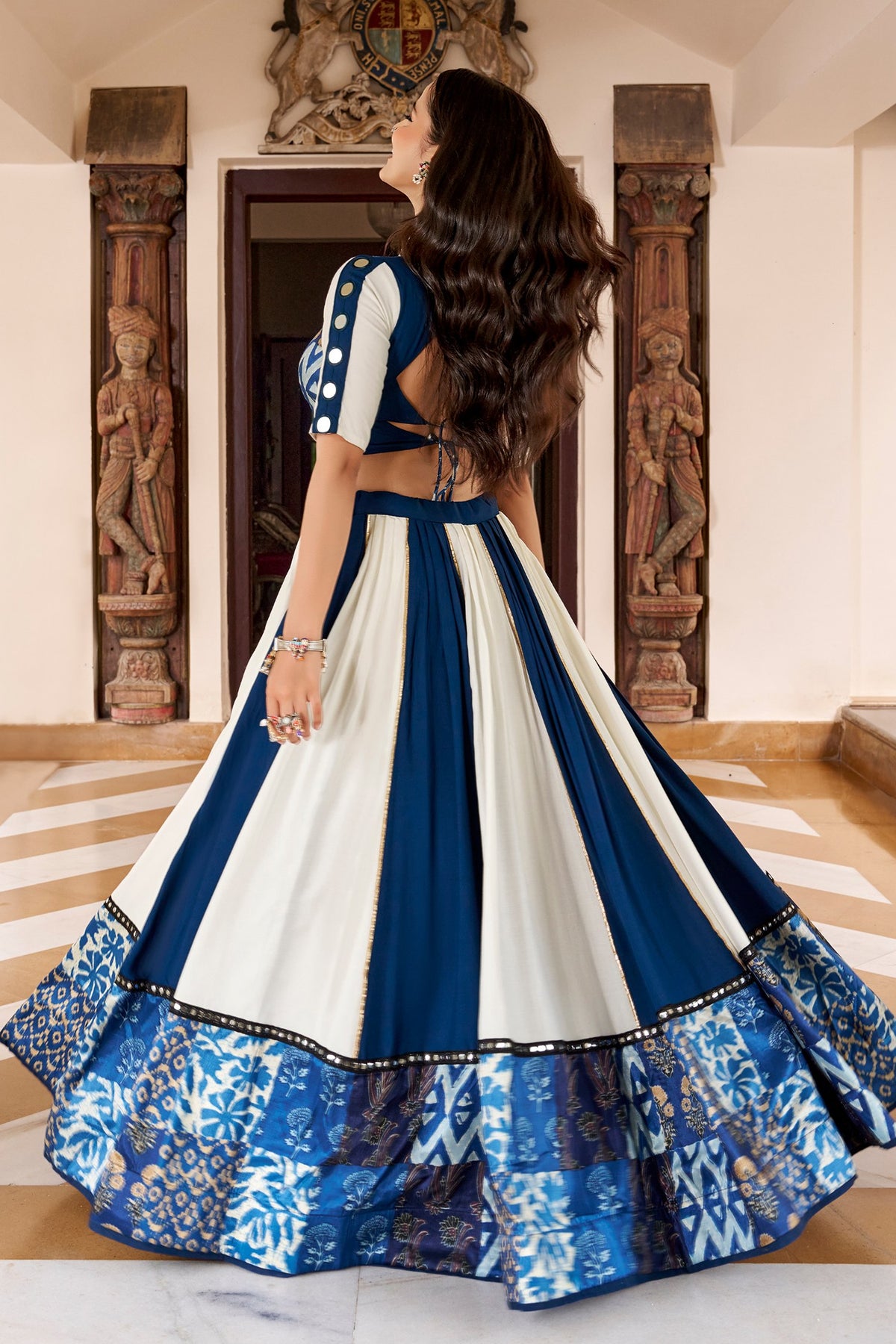 Off White and Blue Rayon Printed Chaniya Choli