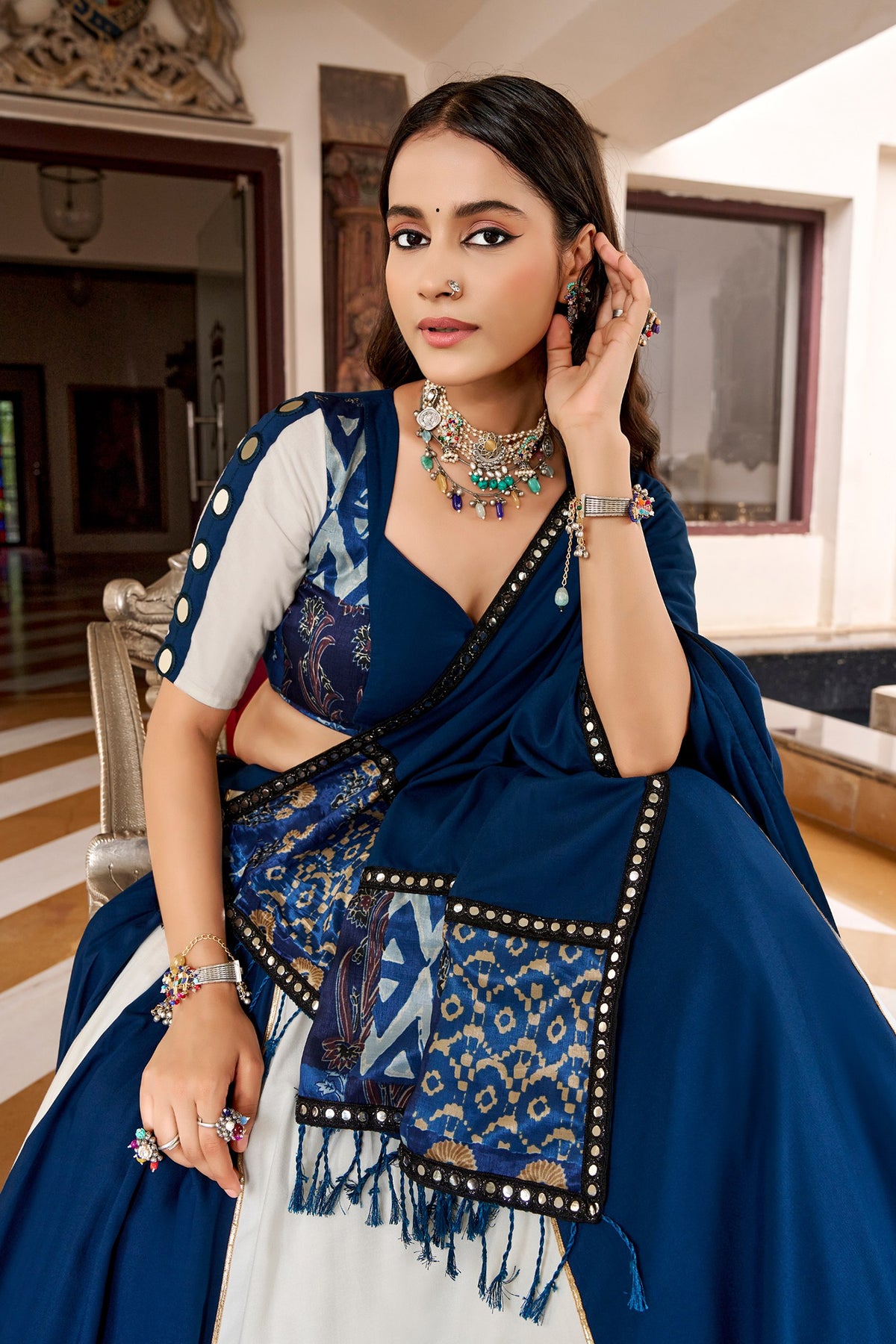 Off White and Blue Rayon Printed Chaniya Choli