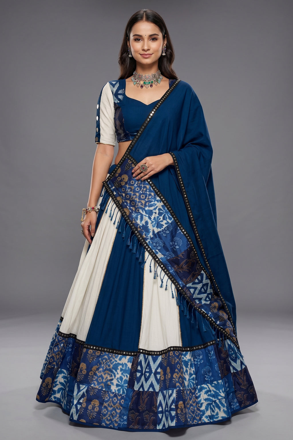 Off White and Blue Rayon Printed Chaniya Choli