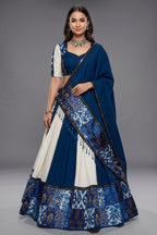 Off White and Blue Rayon Printed Chaniya Choli
