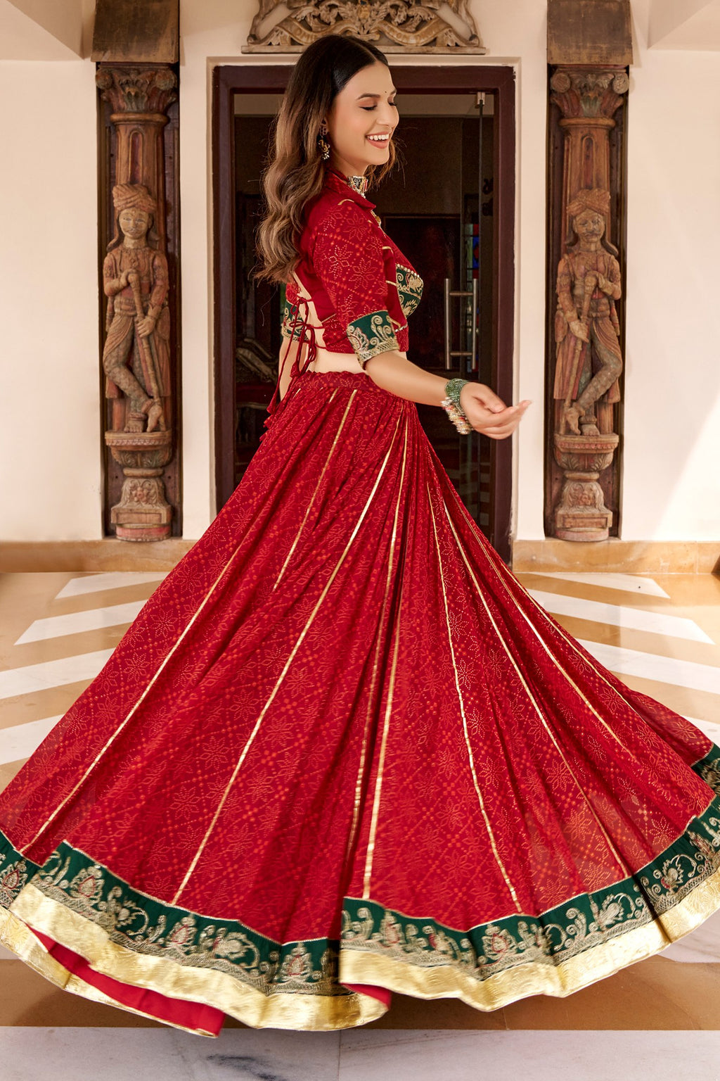Red Georgette Printed Flared Chaniya Choli