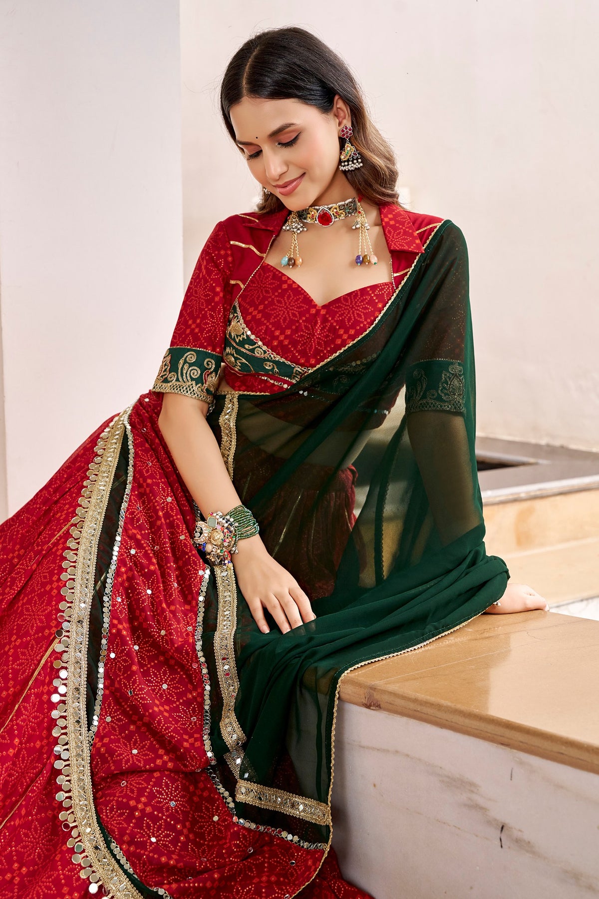 Red Georgette Printed Flared Chaniya Choli