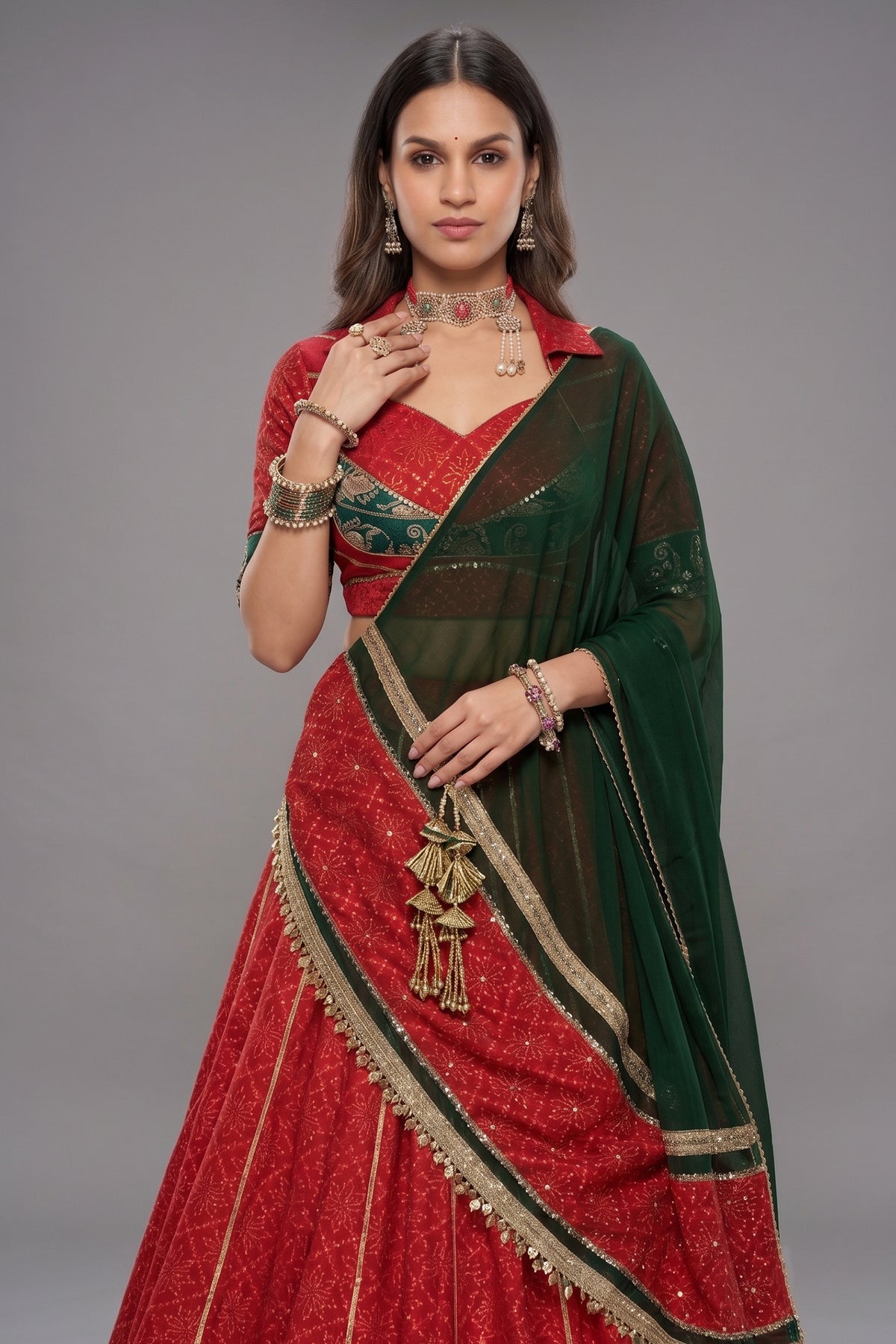 Red Georgette Printed Flared Chaniya Choli