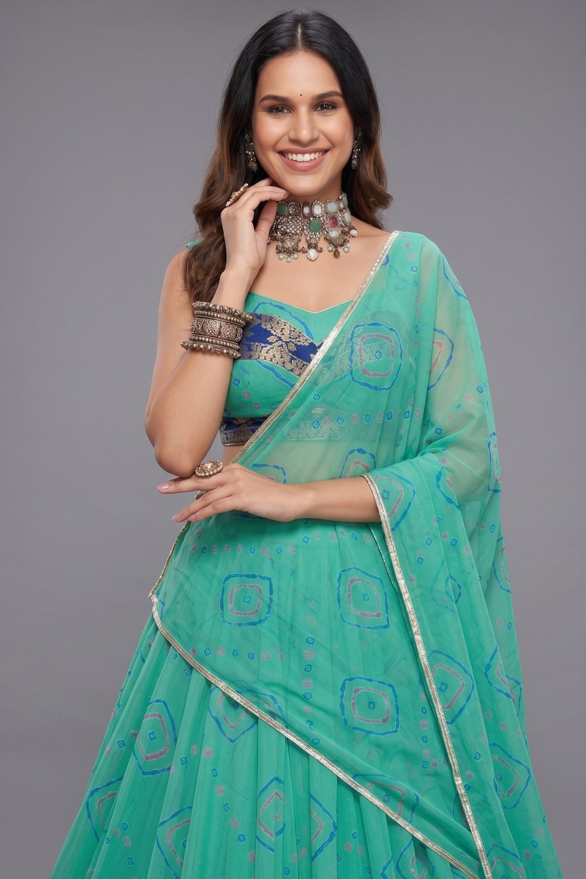 Aqua Green Georgette Printed Chaniya Choli