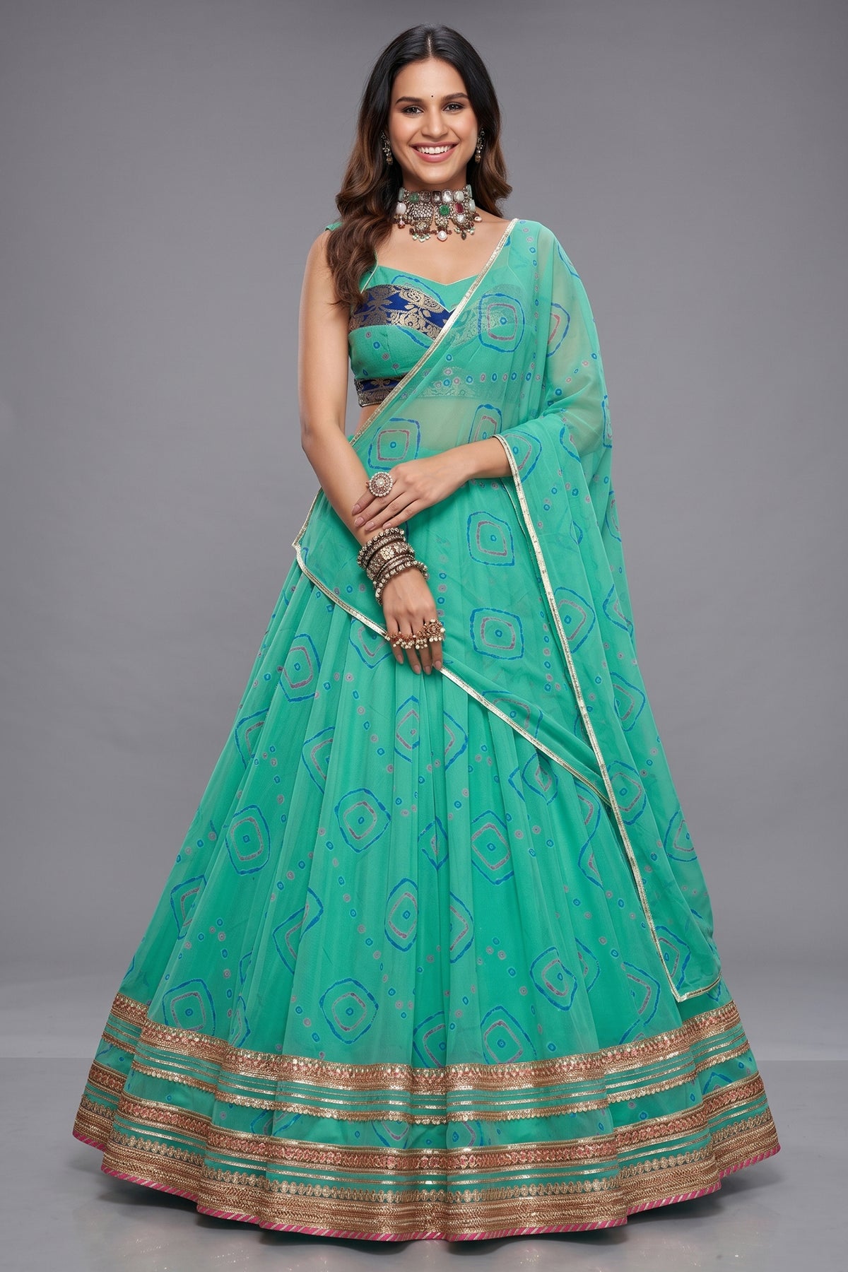 Aqua Green Georgette Printed Chaniya Choli
