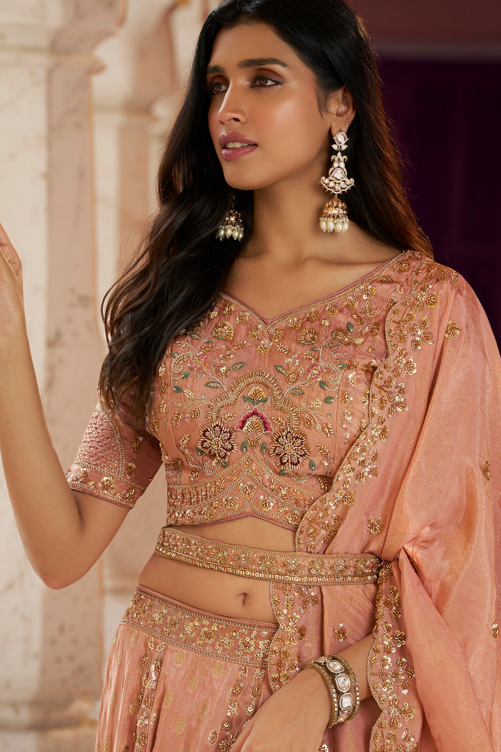 Soft Peach Banarasi Silk Lehenga with Khatli Weaving