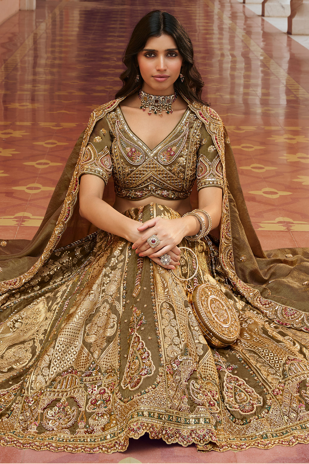 Olive Green Banarasi Silk Lehenga Enriched with Antique Zari Weaving