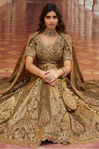 Olive Green Banarasi Silk Lehenga Enriched with Antique Zari Weaving