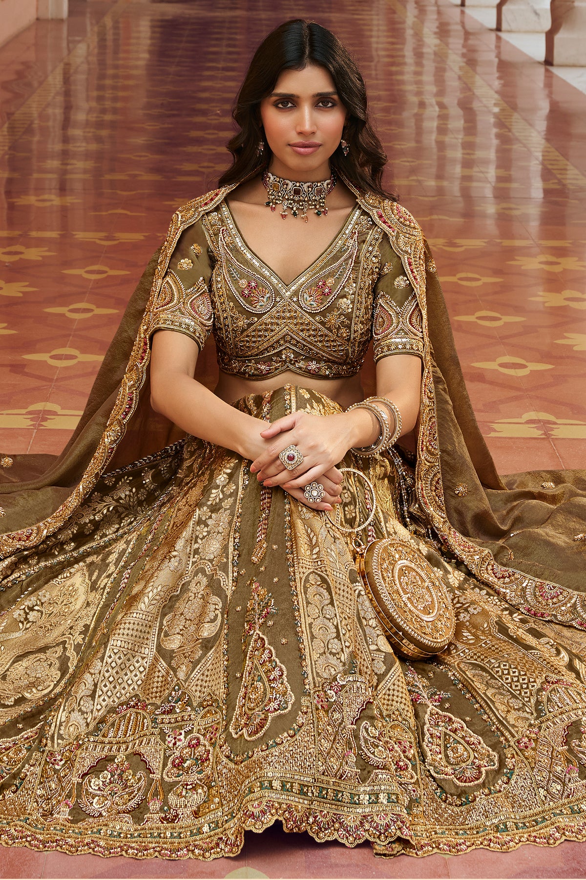 Olive Green Banarasi Silk Lehenga Enriched with Antique Zari Weaving