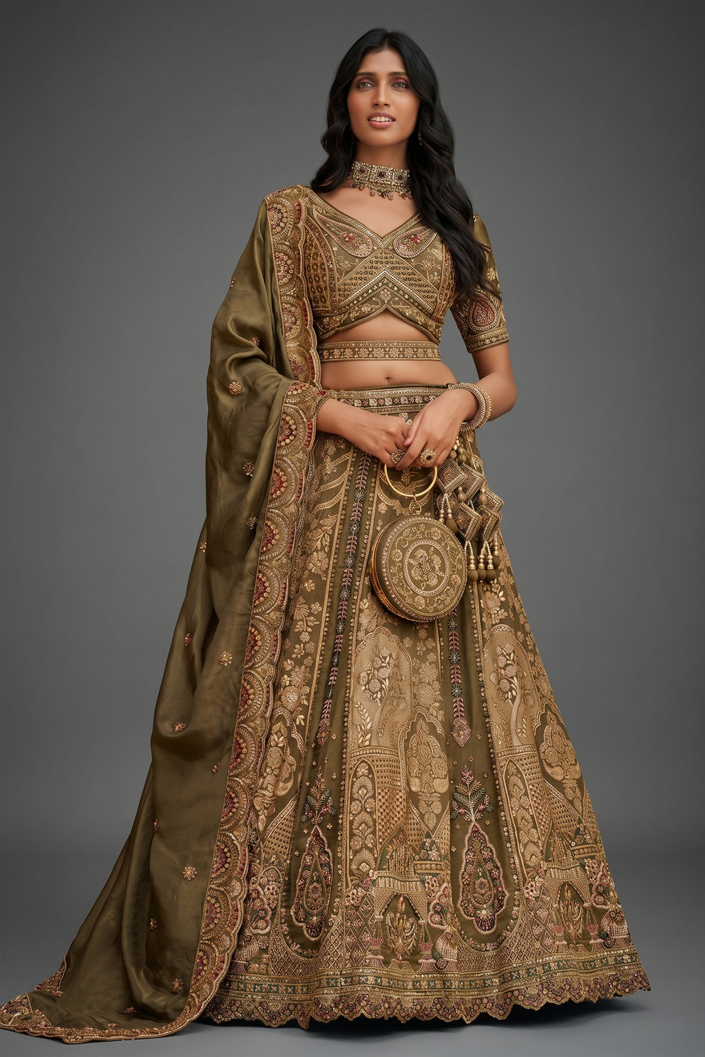 Olive Green Banarasi Silk Lehenga Enriched with Antique Zari Weaving