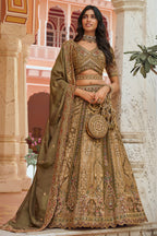 Olive Green Banarasi Silk Lehenga Enriched with Antique Zari Weaving