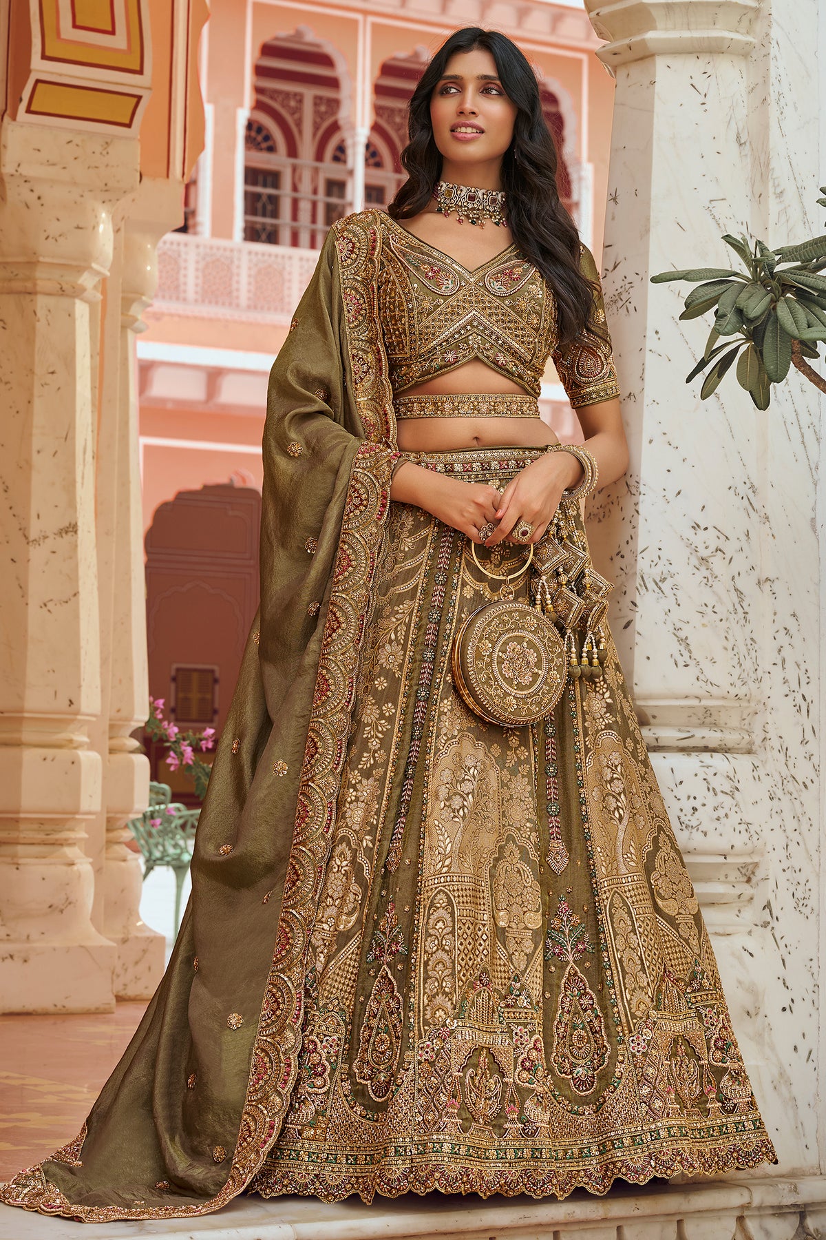Olive Green Banarasi Silk Lehenga Enriched with Antique Zari Weaving