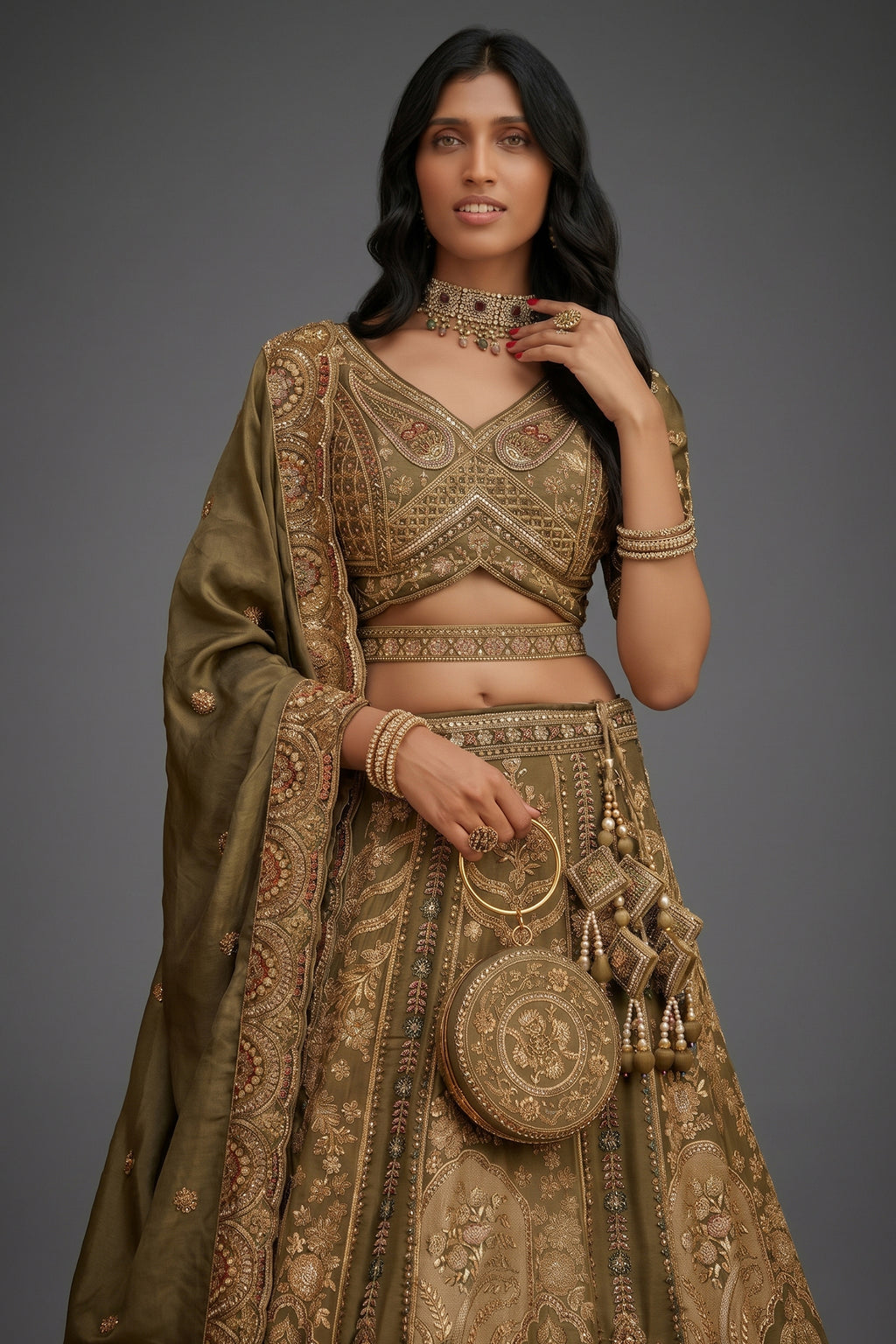 Olive Green Banarasi Silk Lehenga Enriched with Antique Zari Weaving