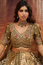 Olive Green Banarasi Silk Lehenga Enriched with Antique Zari Weaving