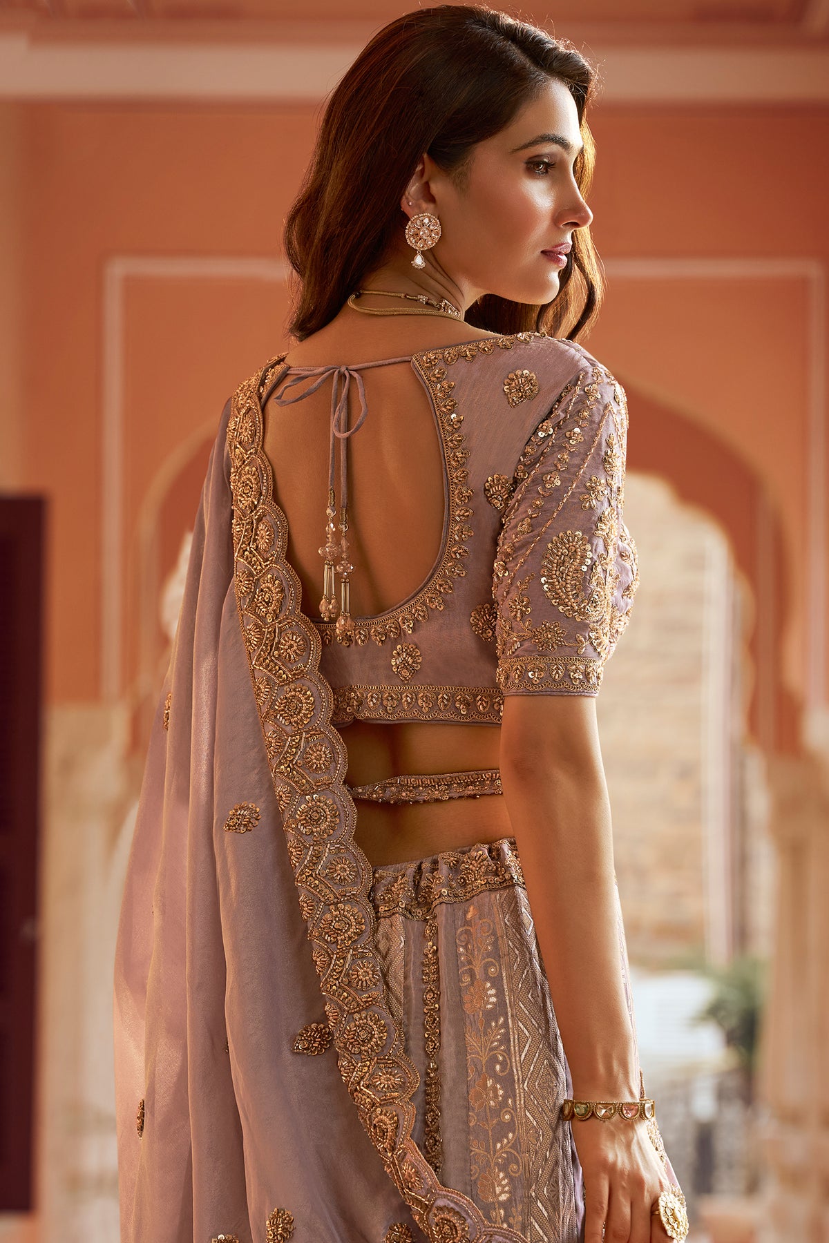 Mauve Banarasi Silk Swarovski & Stone Embroidered Lehenga Choli