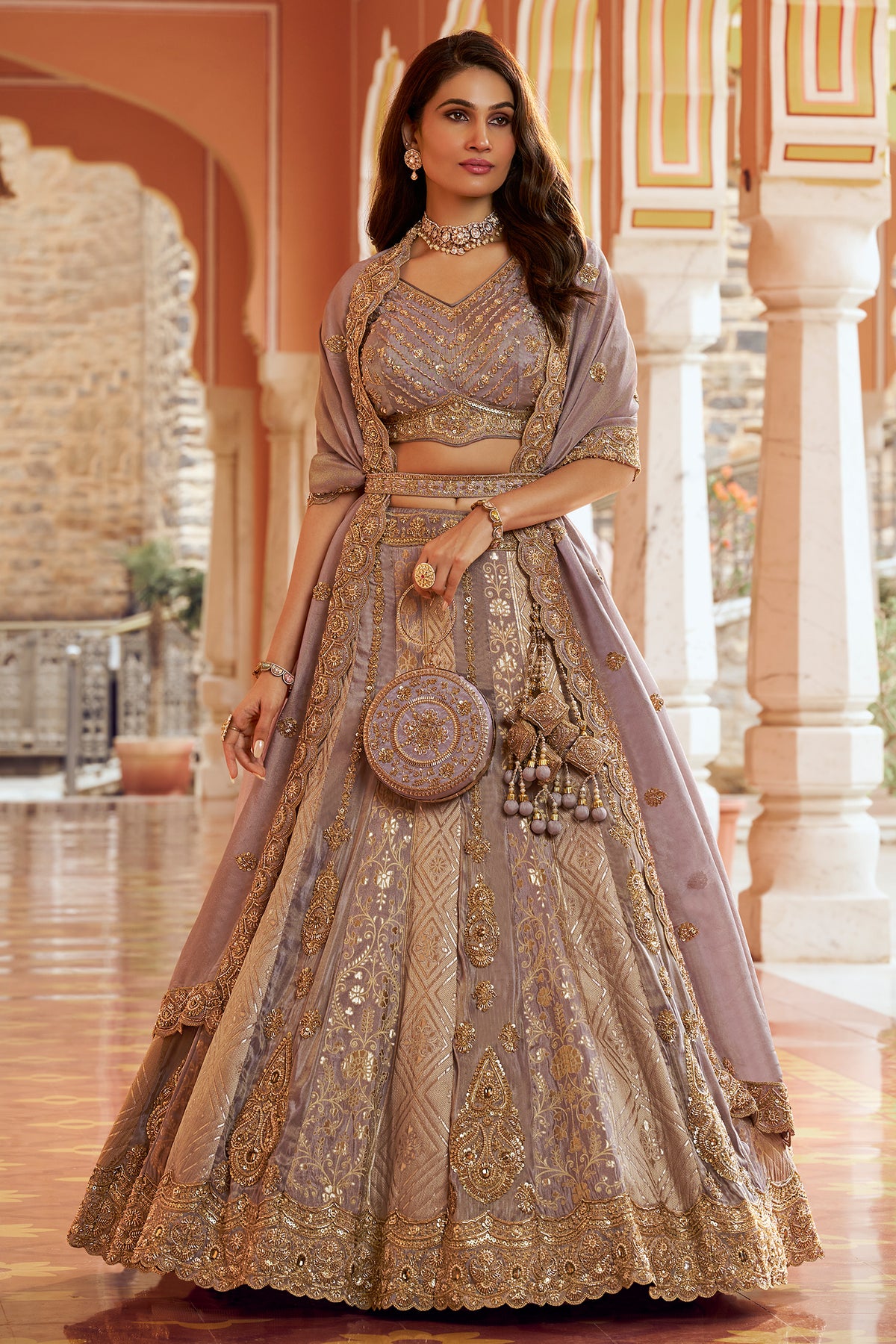 Mauve Banarasi Silk Swarovski & Stone Embroidered Lehenga Choli
