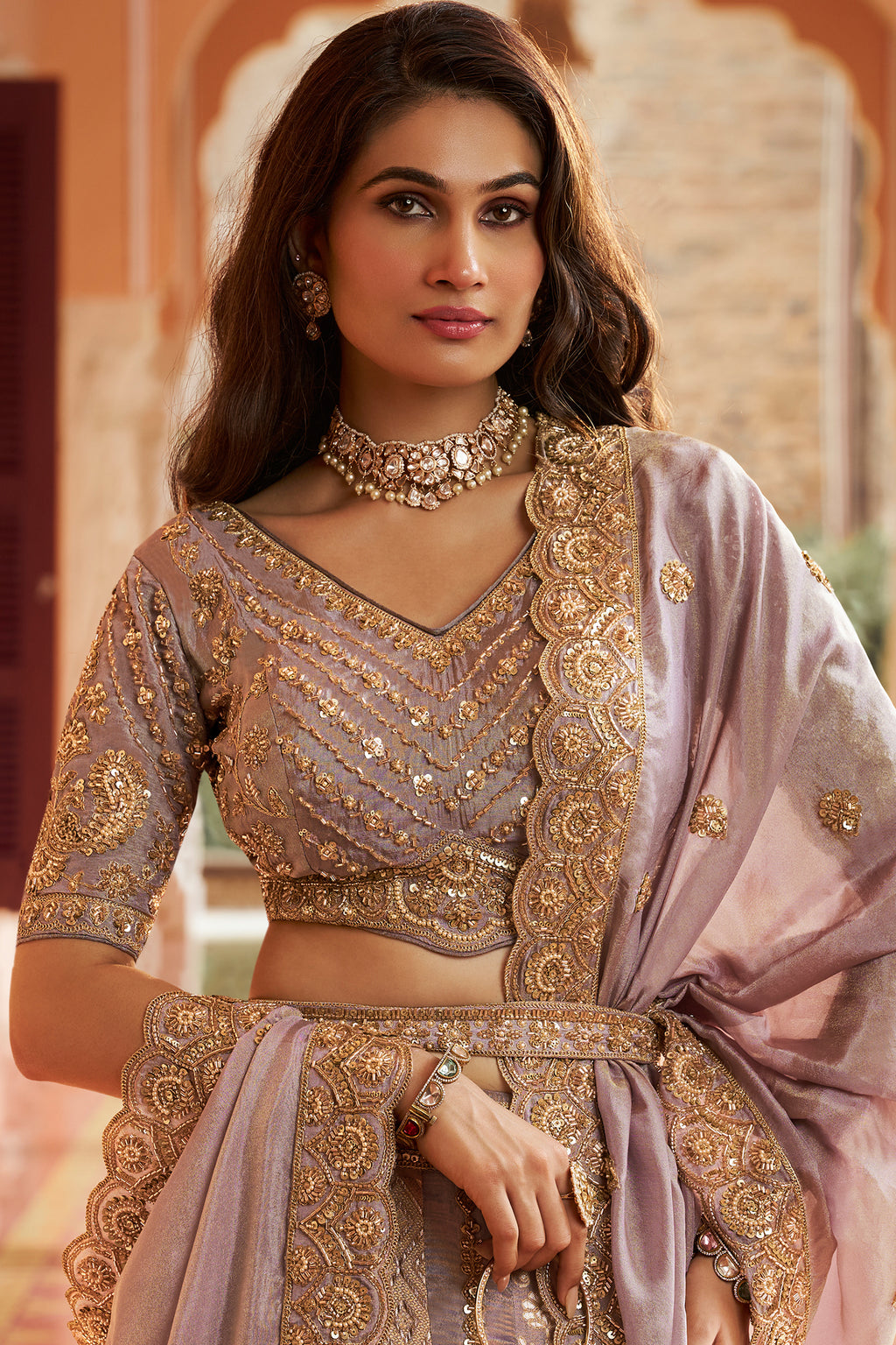 Mauve Banarasi Silk Swarovski & Stone Embroidered Lehenga Choli