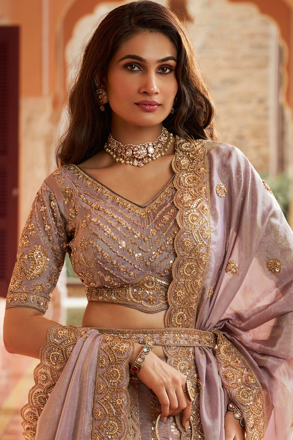 Mauve Banarasi Silk Swarovski & Stone Embroidered Lehenga Choli
