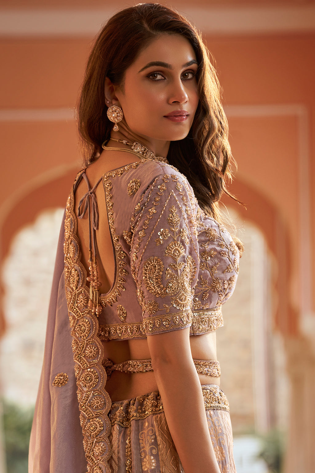Mauve Banarasi Silk Swarovski & Stone Embroidered Lehenga Choli