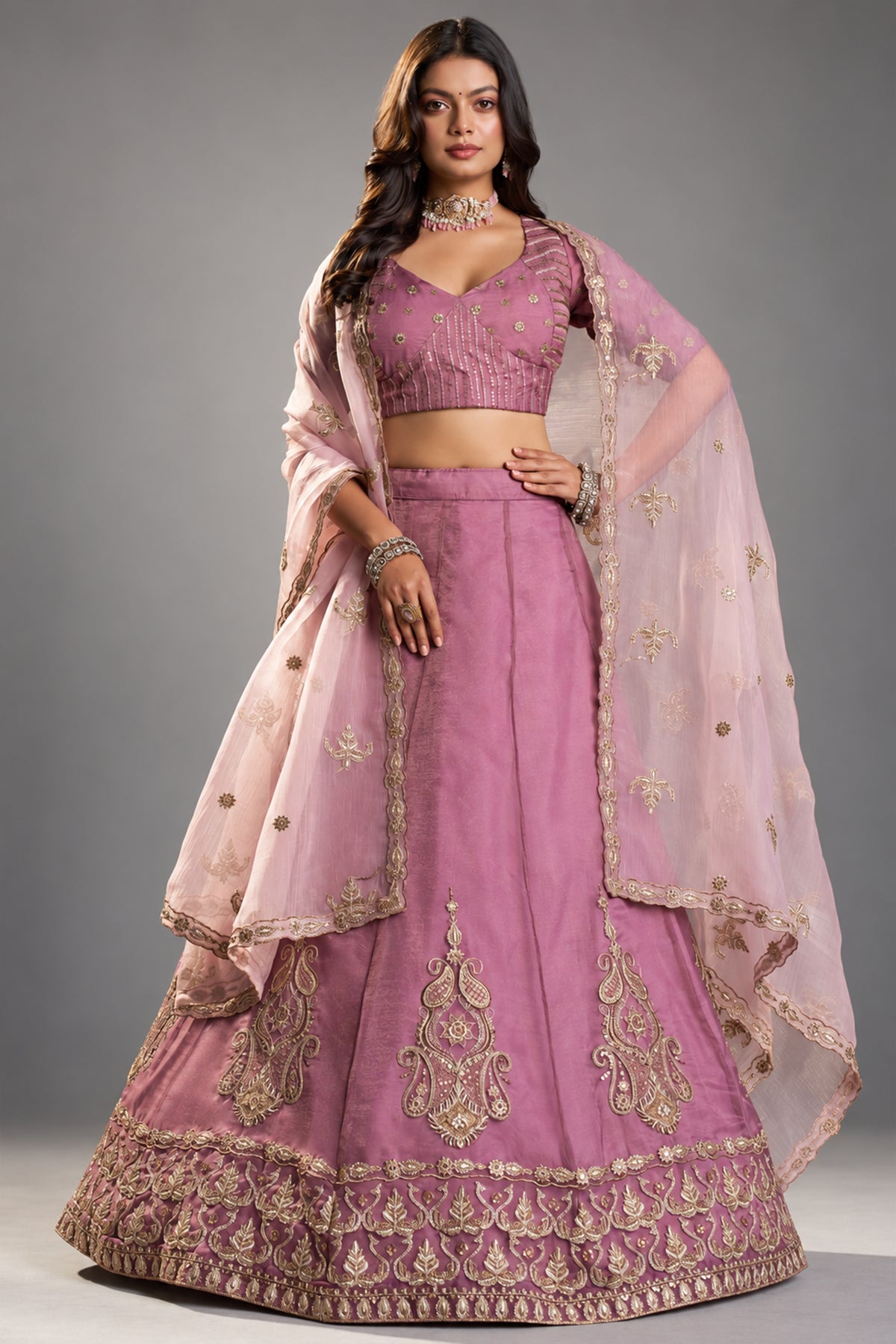 Soft Lilac Organza Lehenga Choli with Embroidery