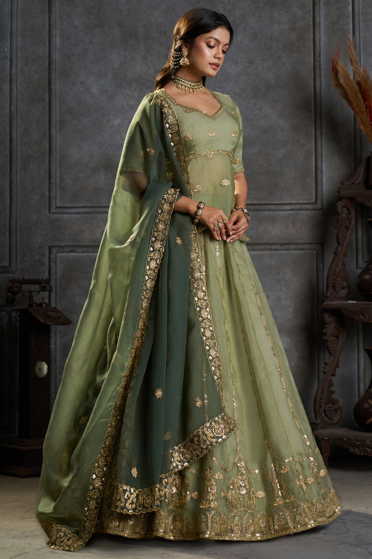 Green Organza Embroidered Lehenga Choli
