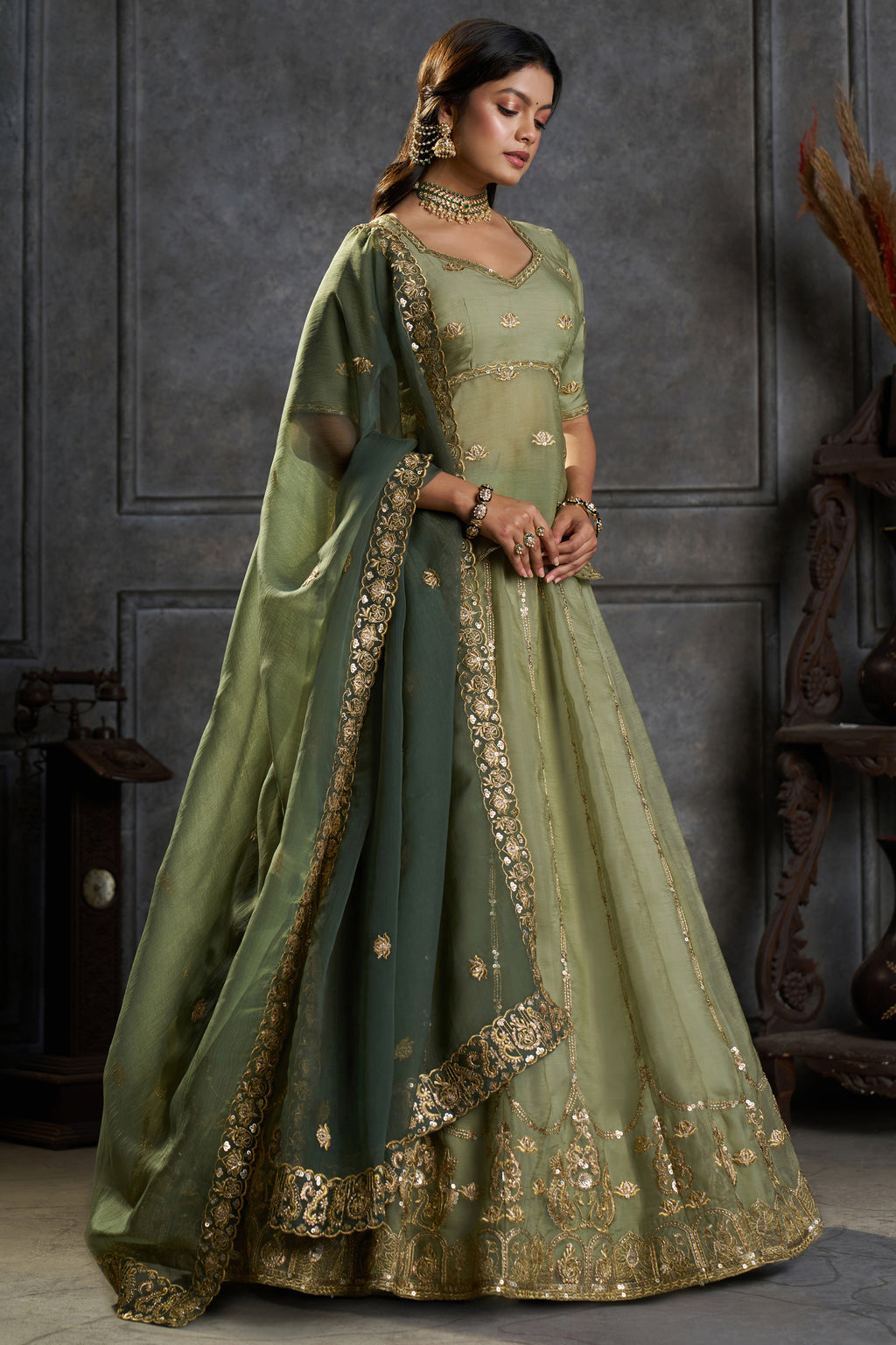 Green Organza Embroidered Lehenga Choli