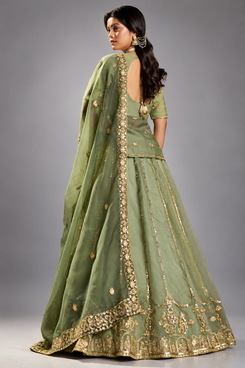 Green Organza Embroidered Lehenga Choli