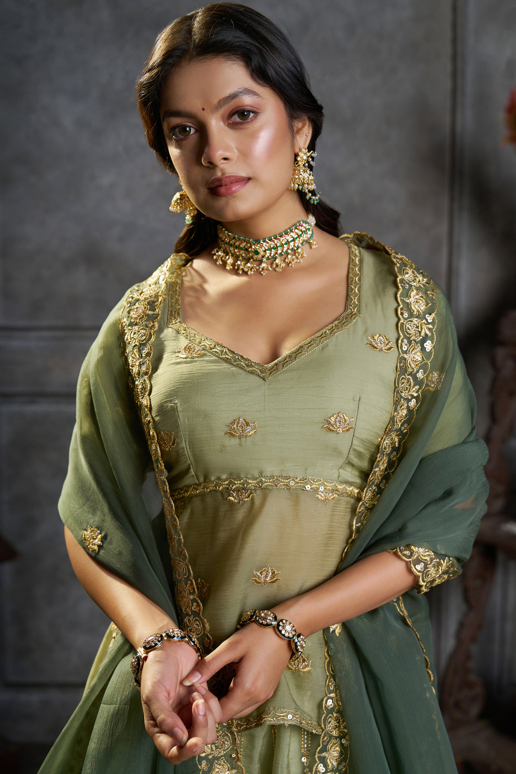 Green Organza Embroidered Lehenga Choli