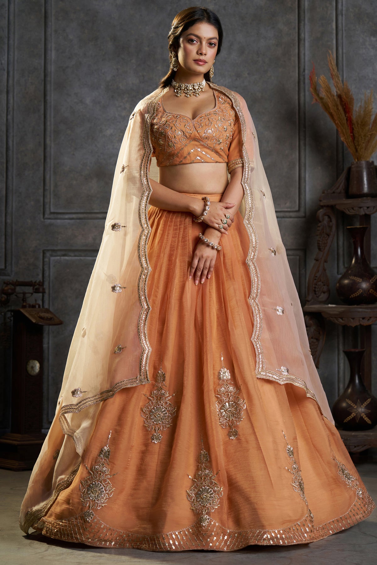 Rust Orange Organza Embroidered Lehenga Choli