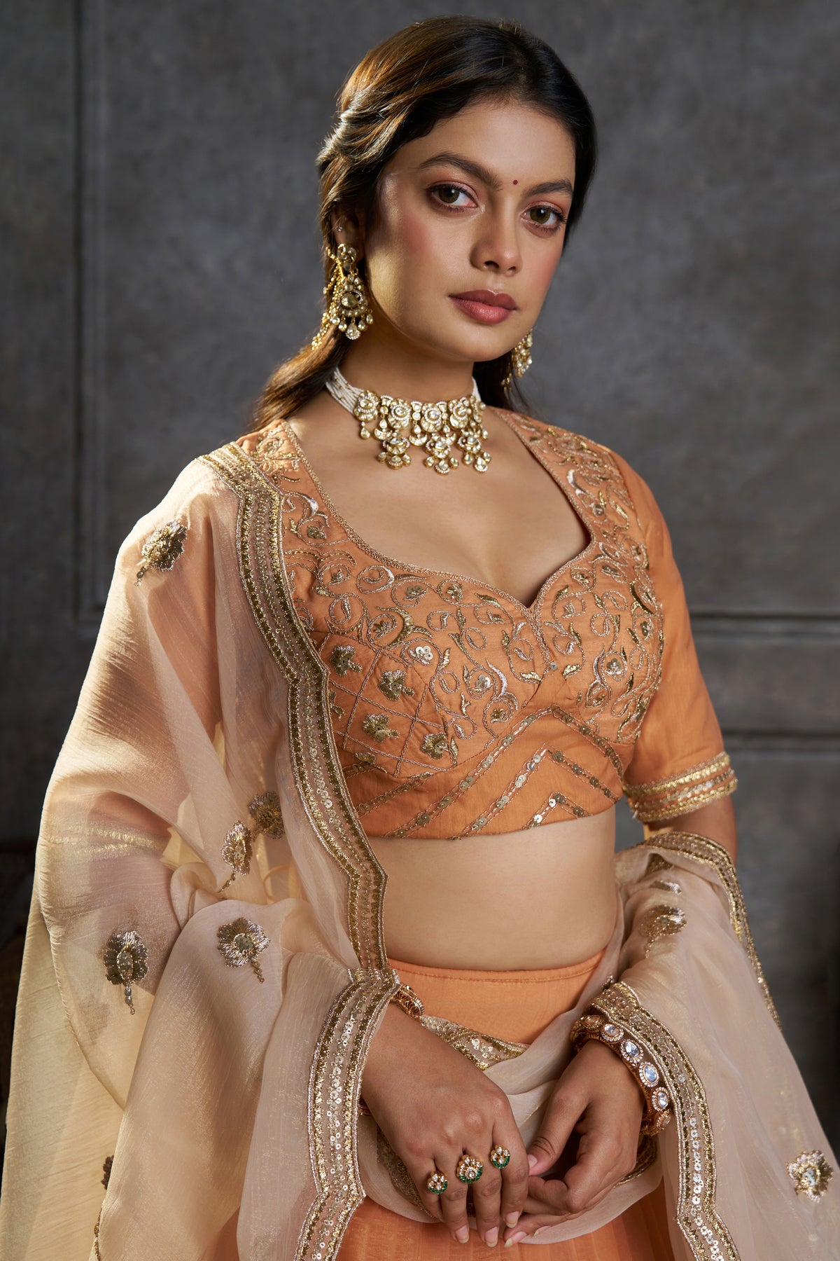 Rust Orange Organza Embroidered Lehenga Choli