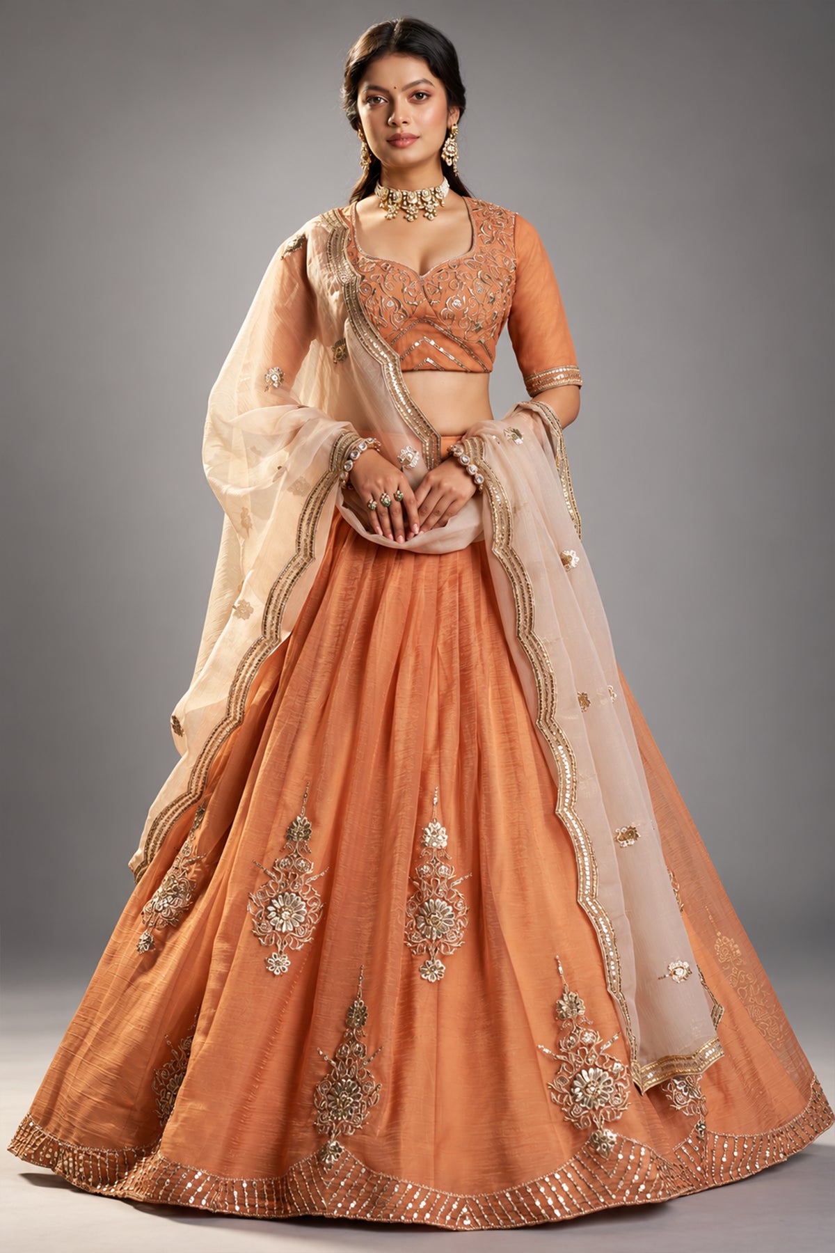 Rust Orange Organza Embroidered Lehenga Choli