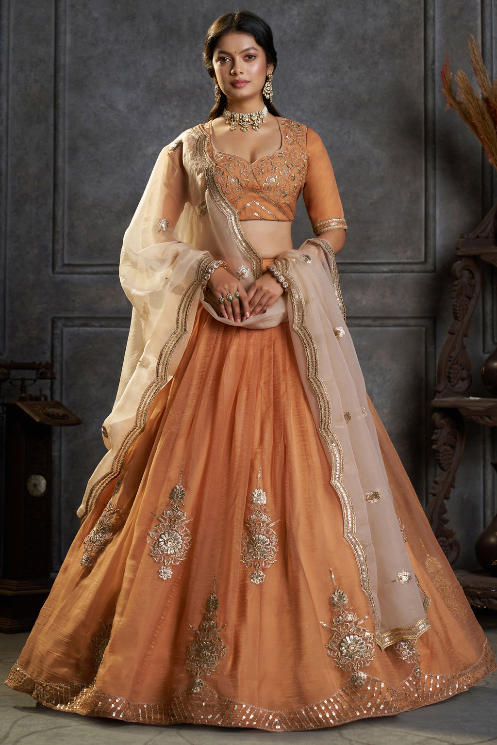 Rust Orange Organza Embroidered Lehenga Choli