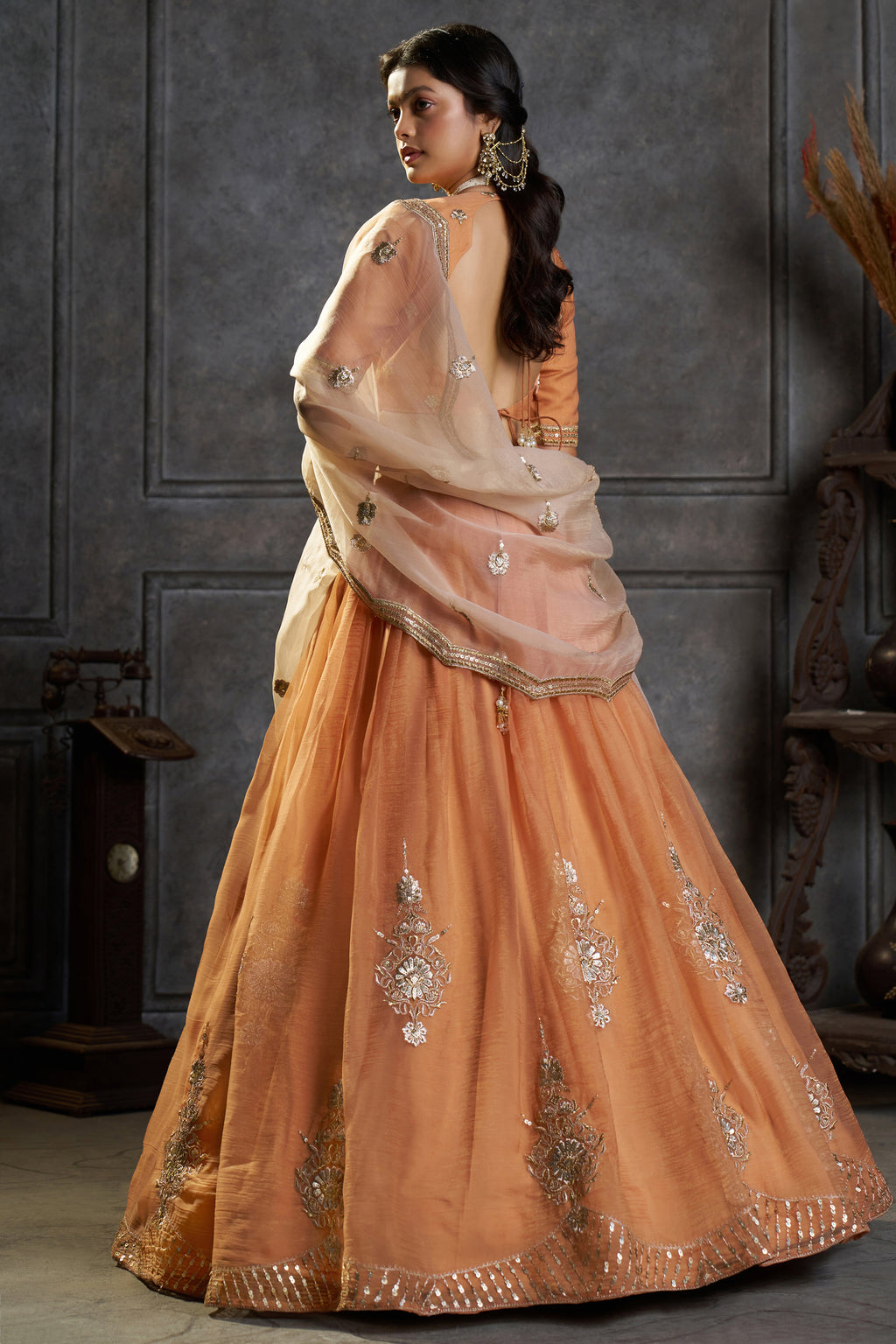 Rust Orange Organza Embroidered Lehenga Choli