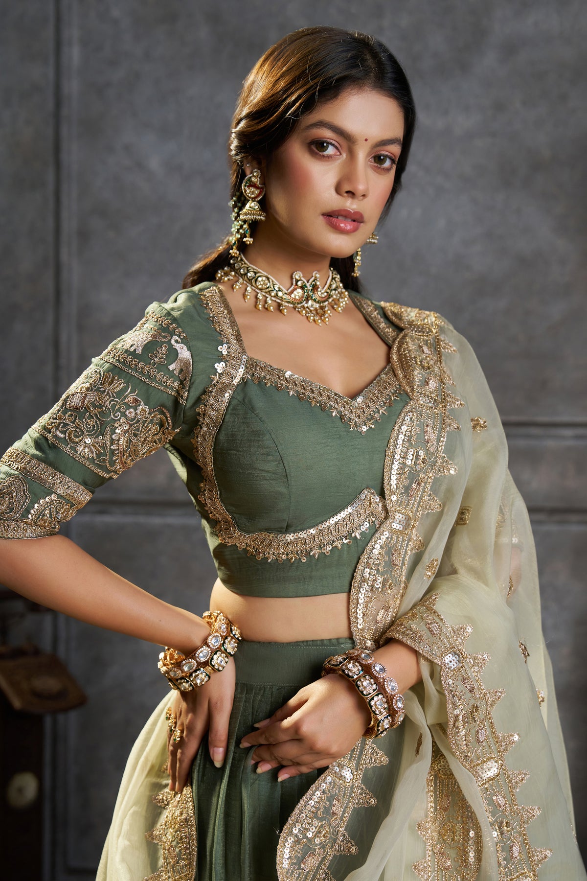 Dark Green Organza Heavy Embroidered Lehenga Choli