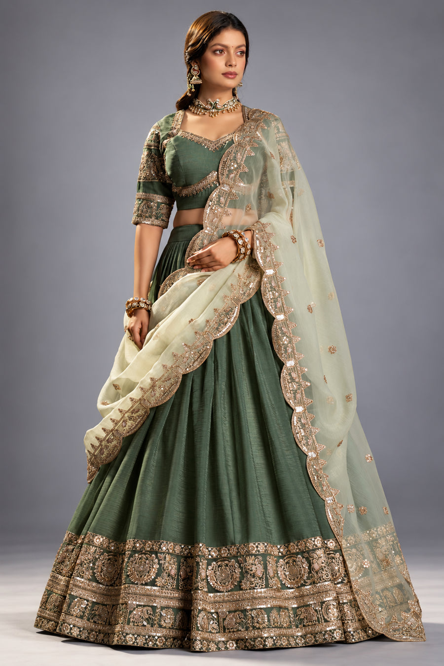 Dark Green Organza Heavy Embroidered Lehenga Choli