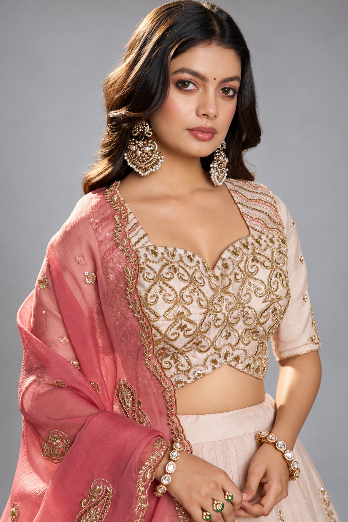Ivory Organza Embroidered Lehenga Choli