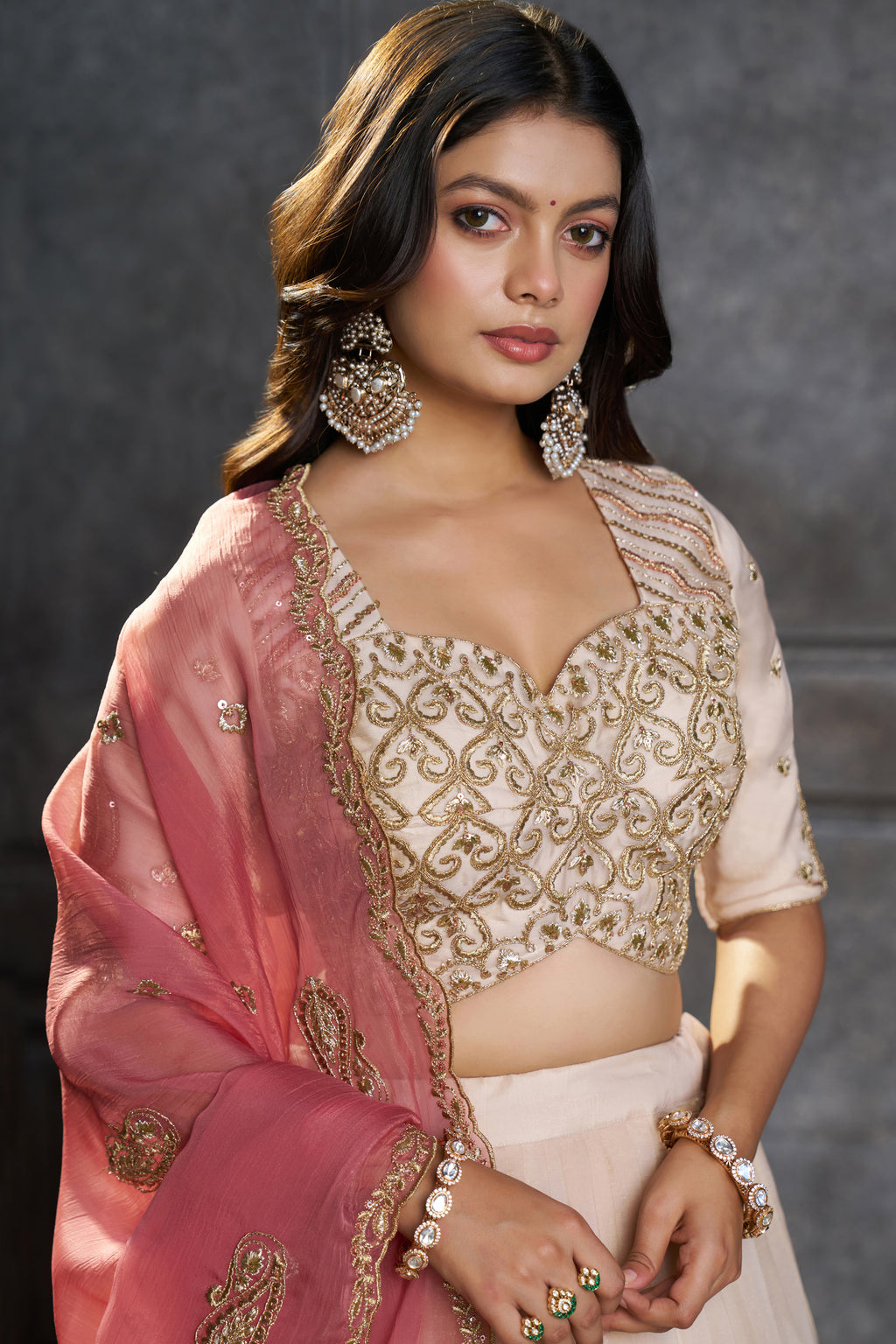 Ivory Organza Embroidered Lehenga Choli