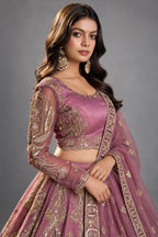 Deep Lilac Organza All-Over Embroidered Lehenga Choli