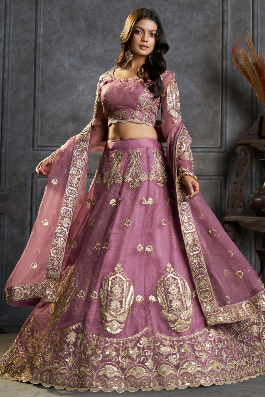 Deep Lilac Organza All-Over Embroidered Lehenga Choli