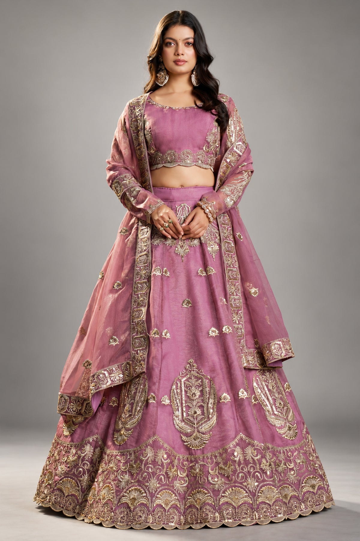 Deep Lilac Organza All-Over Embroidered Lehenga Choli