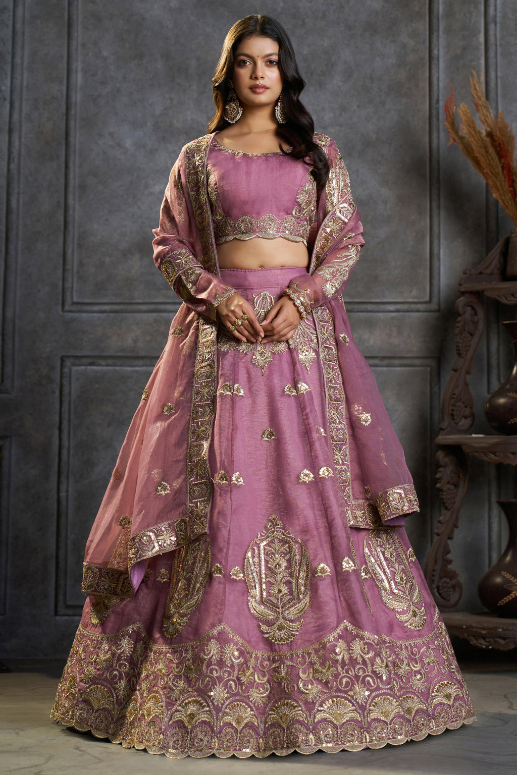 Deep Lilac Organza All-Over Embroidered Lehenga Choli