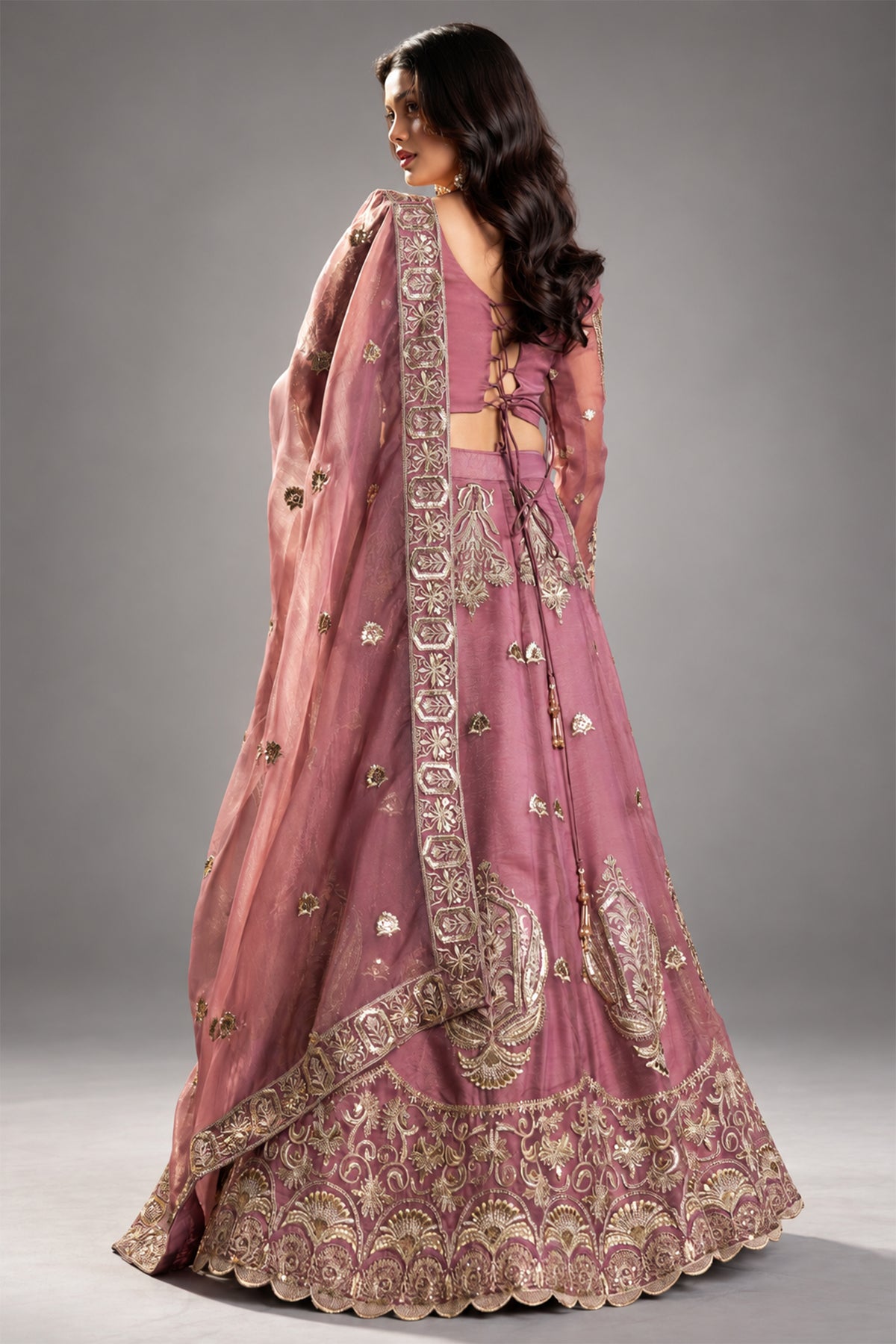 Deep Lilac Organza All-Over Embroidered Lehenga Choli