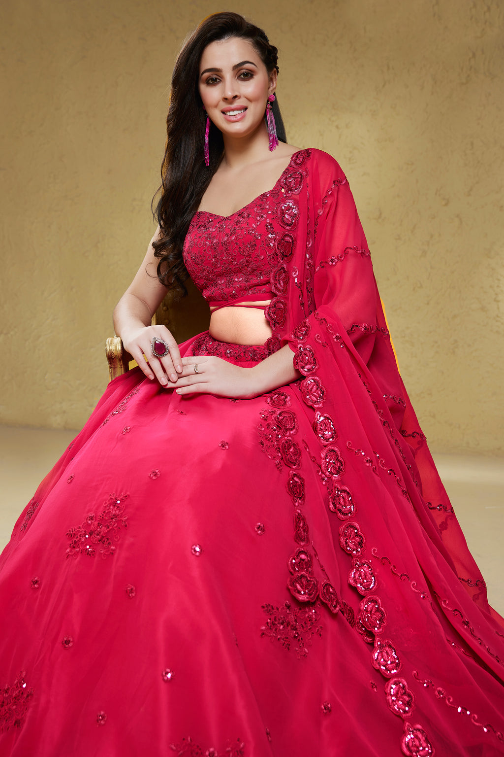 Bright Pink Georgette Embroidered Lehenga Choli with Sequins & Dori Work