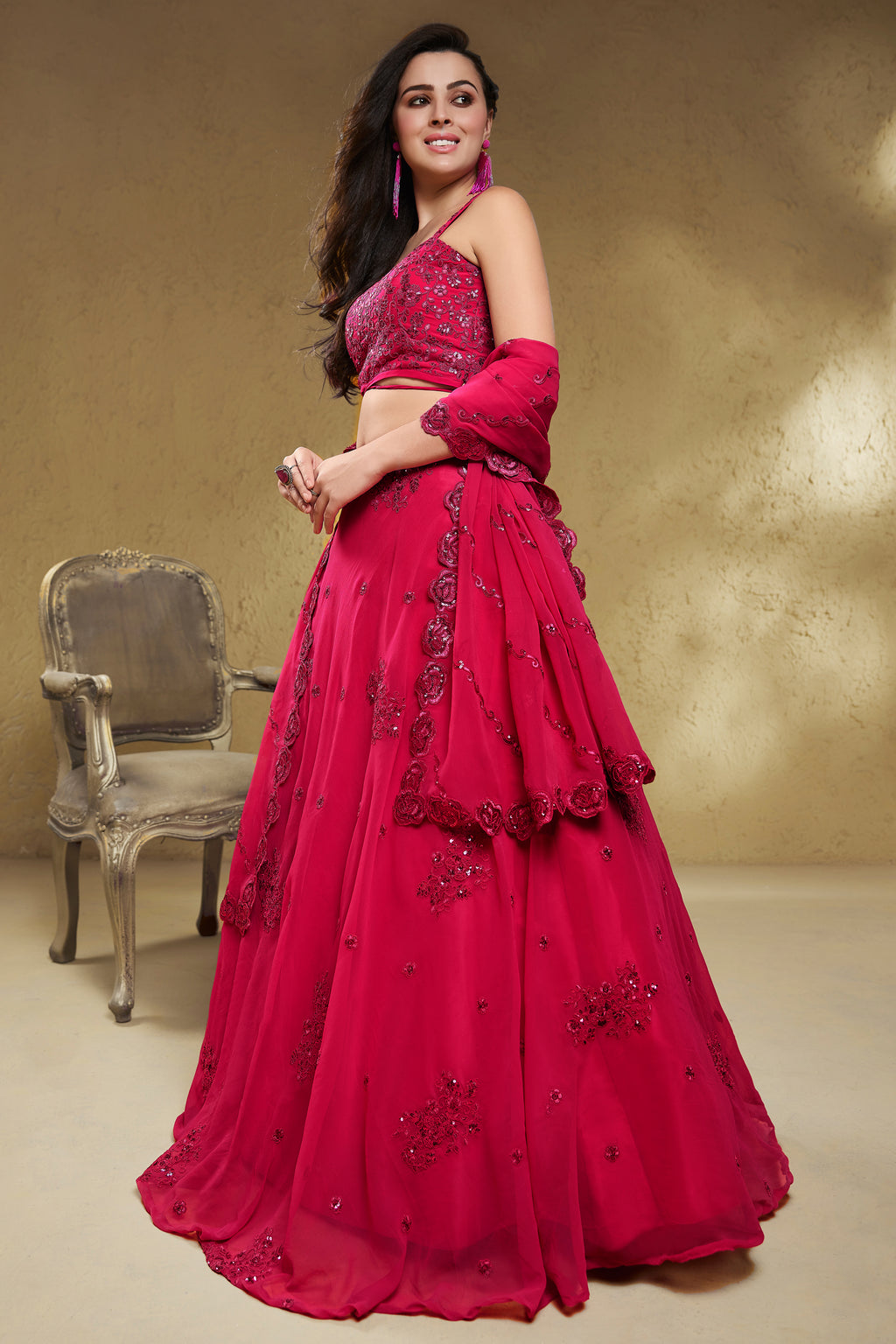 Bright Pink Georgette Embroidered Lehenga Choli with Sequins & Dori Work