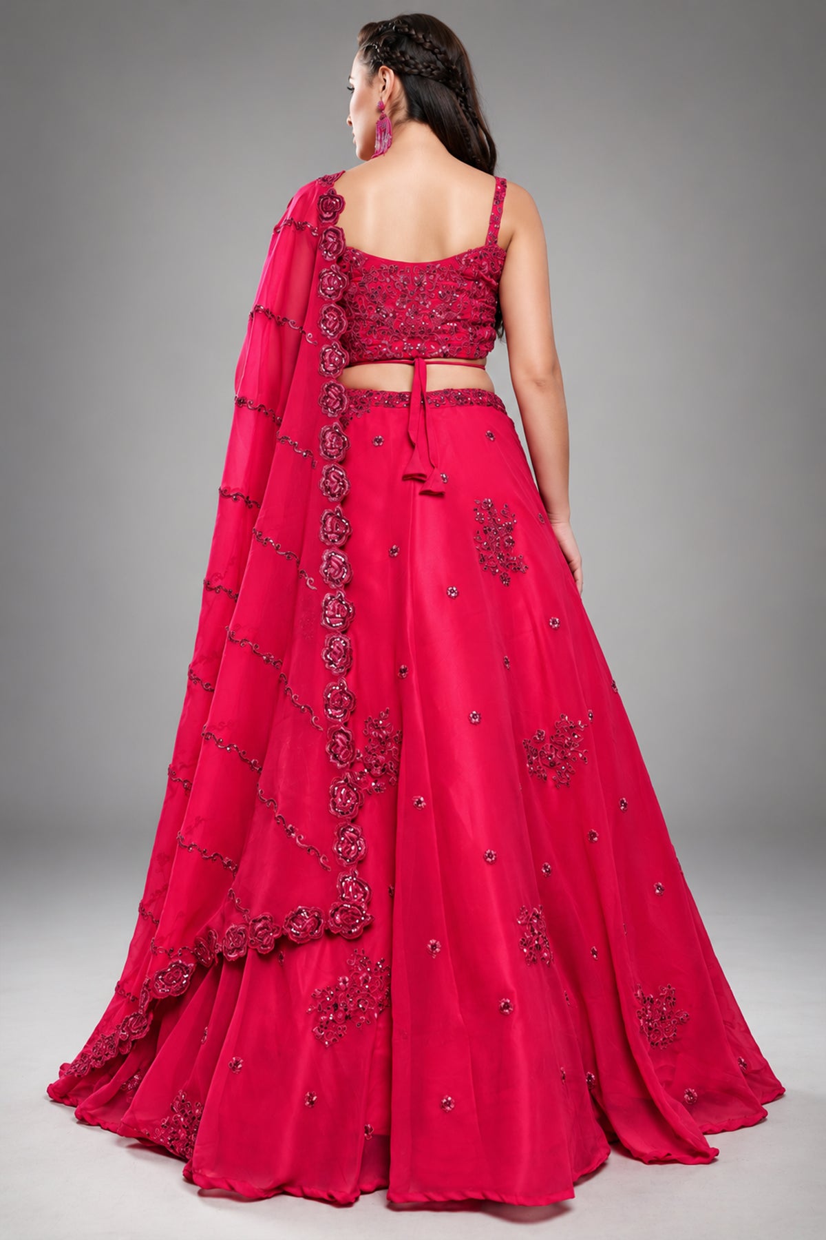 Bright Pink Georgette Embroidered Lehenga Choli with Sequins & Dori Work